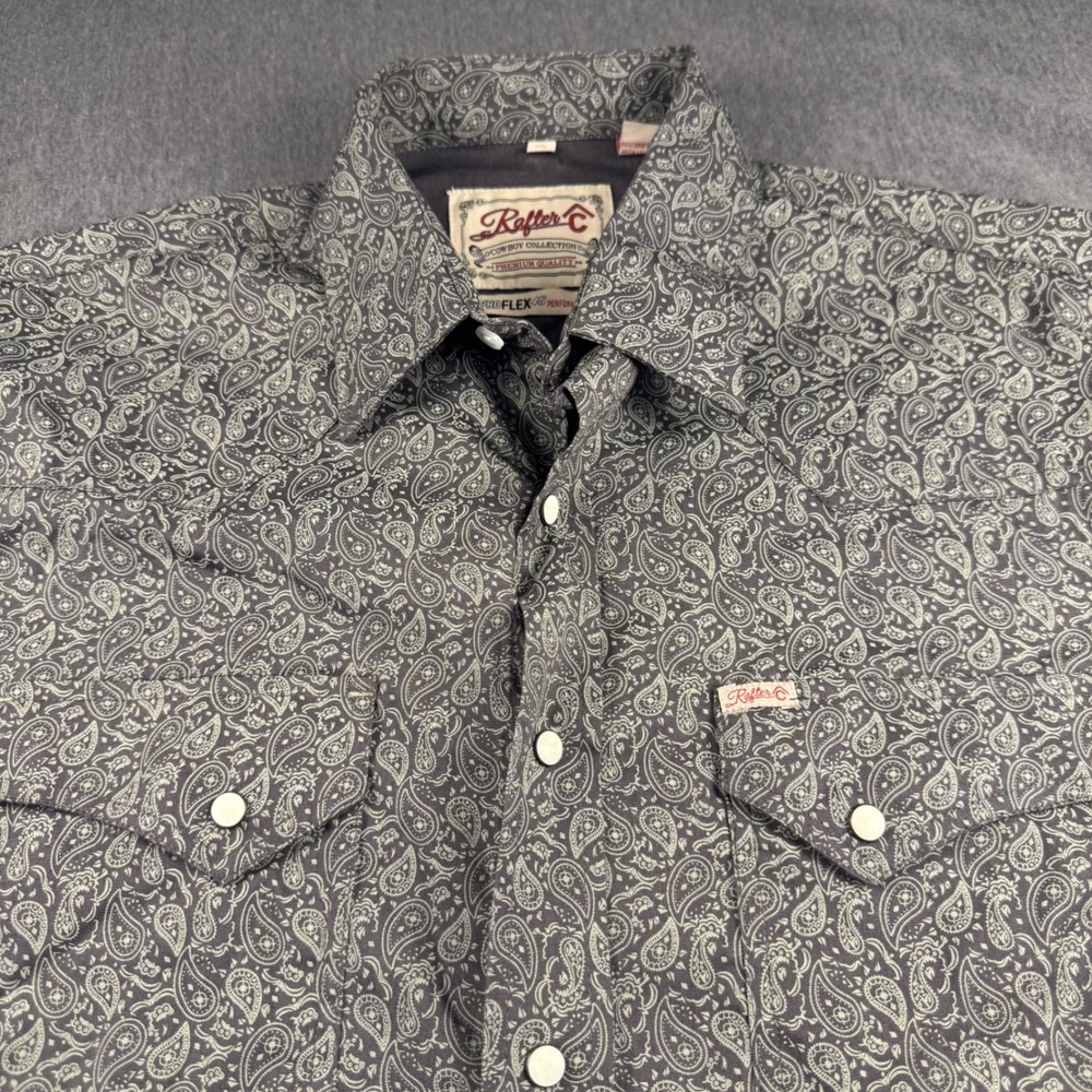 Rafter C Mens XL‎ Grey Paisley ProFlex 45 Western Pearl Snap Performance Shirt
